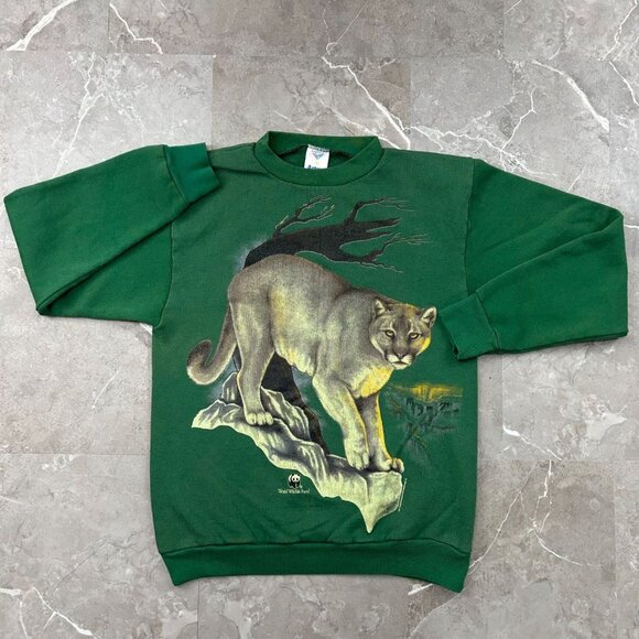 90s Vintage Cougar Sweatshirt Mens Medium Animal Nature Big Cats Wildlife Green - Picture 1 of 9